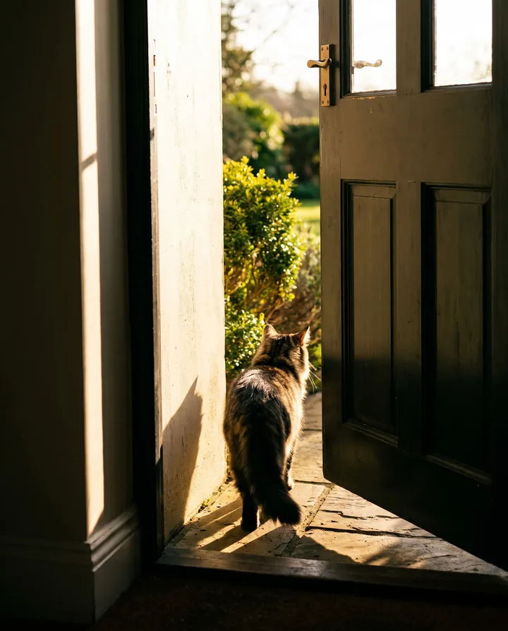 Cat walking out into its garden through an open door